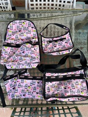 LeSportsac Pink Panda with Hearts Backpack/Bag Set